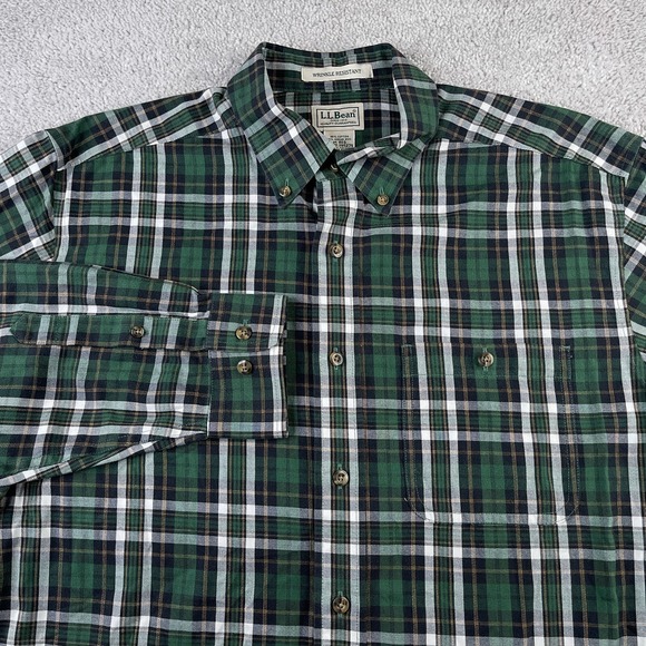 LL Bean Shirt Mens‎ Medium Green Plaid Cotton Merino Wool Flannel Button Down - Picture 1 of 12